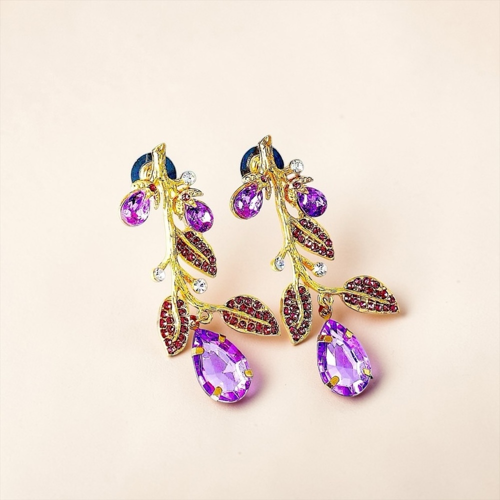 Eggplant Purple Crystal Coconut Stud Dangle Drop Earrings